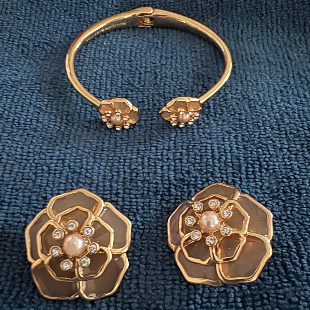 Kate Spade Hinged Cuff Flowered Bracelet and Matching Flowered Pierced Earrings